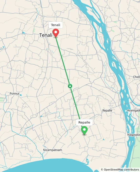 Route map showing distance and travel time from Repalle, India to Tenali, India