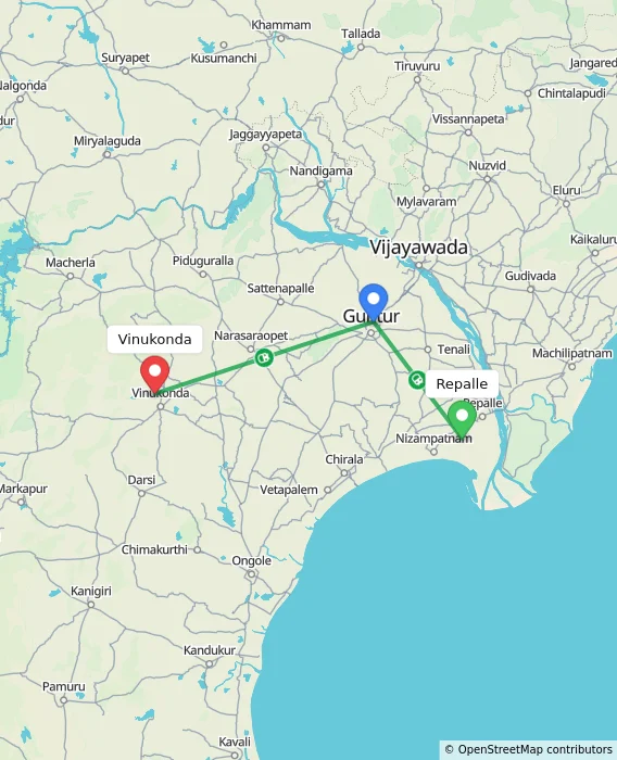 Route map showing distance and travel time from Repalle, India to Vinukonda, India