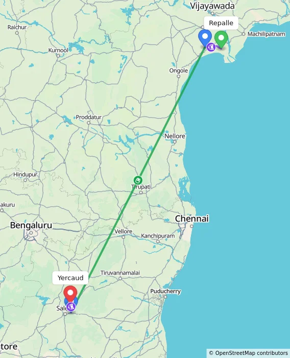 Route map showing distance and travel time from Repalle, India to Yercaud, India