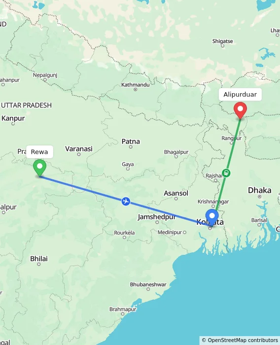 Route map showing distance and travel time from Rewa, India to Alipurduar, India