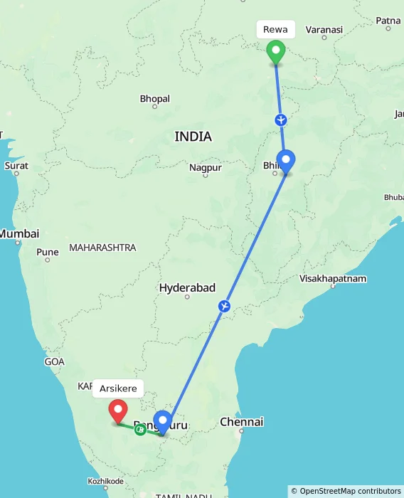 Route map showing distance and travel time from Rewa, India to Arsikere, India