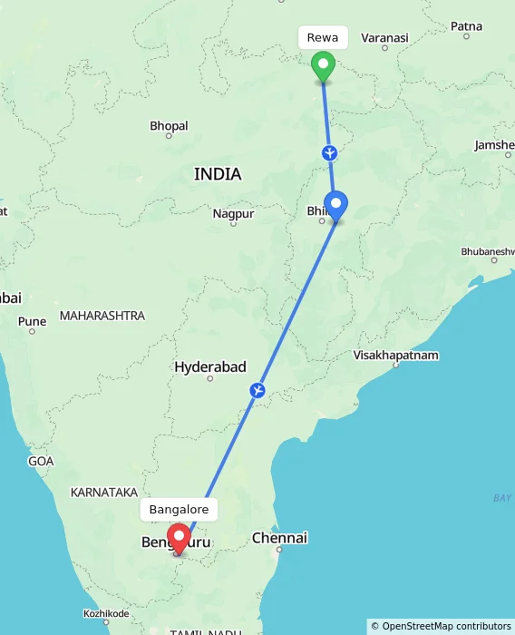 Route map showing distance and travel time from Rewa, India to Bangalore, India
