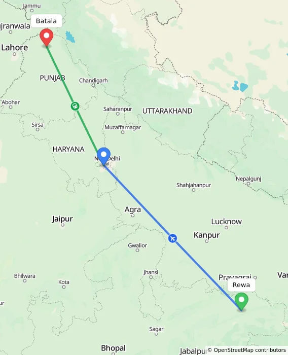 Route map showing distance and travel time from Rewa, India to Batala, India