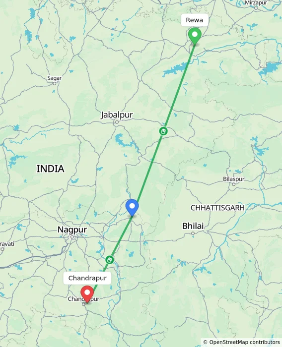 Route map showing distance and travel time from Rewa, India to Chandrapur, India