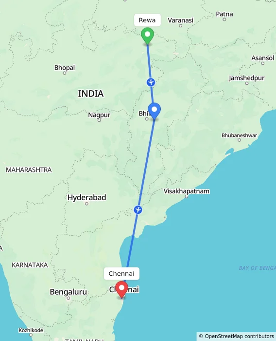 Route map showing distance and travel time from Rewa, India to Chennai, India