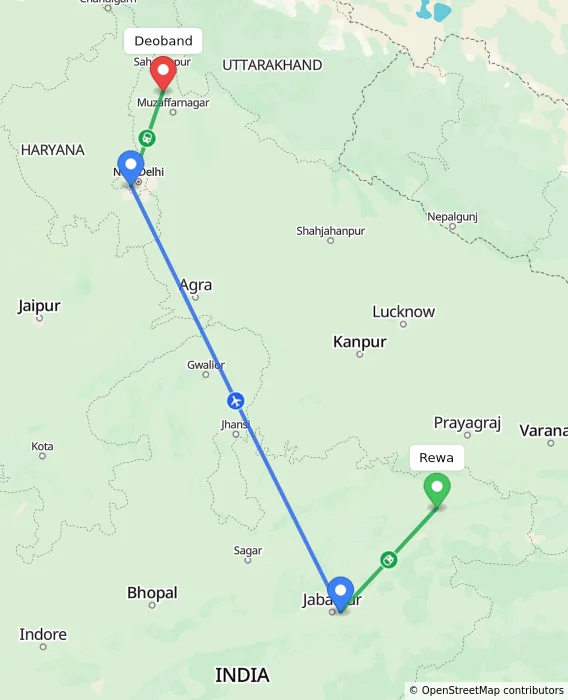 Route map showing distance and travel time from Rewa, India to Deoband, India