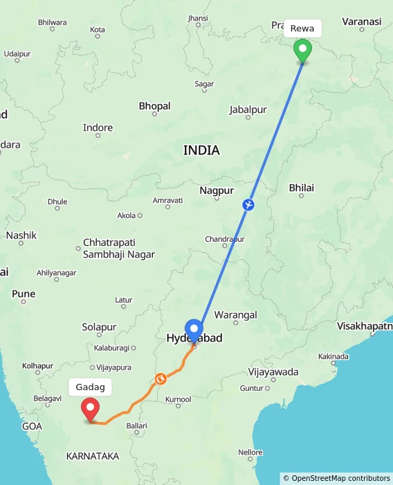 Route map showing distance and travel time from Rewa, India to Gadag, India