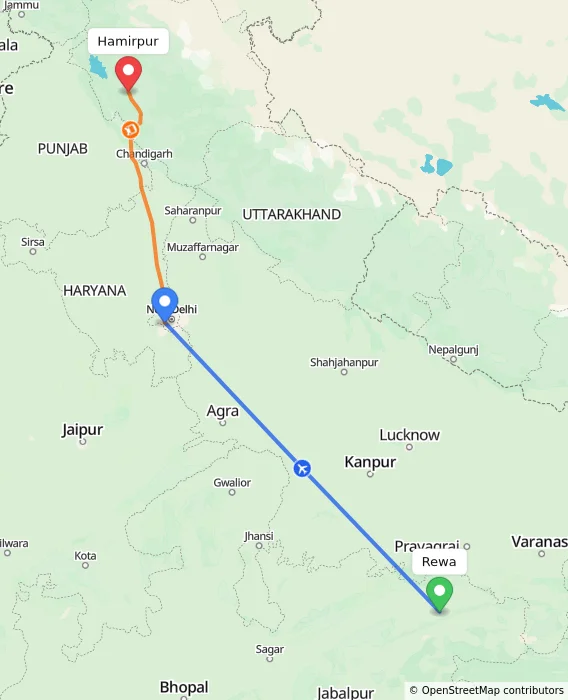 Route map showing distance and travel time from Rewa, India to Hamirpur, India