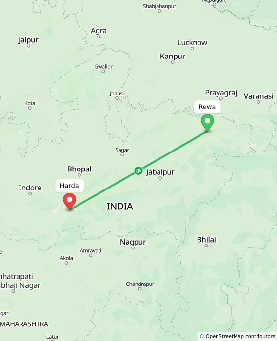 Route map showing distance and travel time from Rewa, India to Harda, India