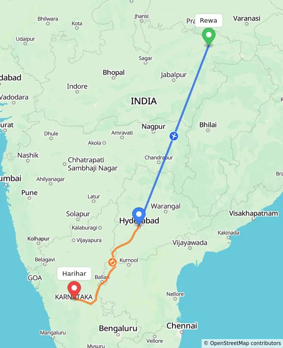 Route map showing distance and travel time from Rewa, India to Harihar, India