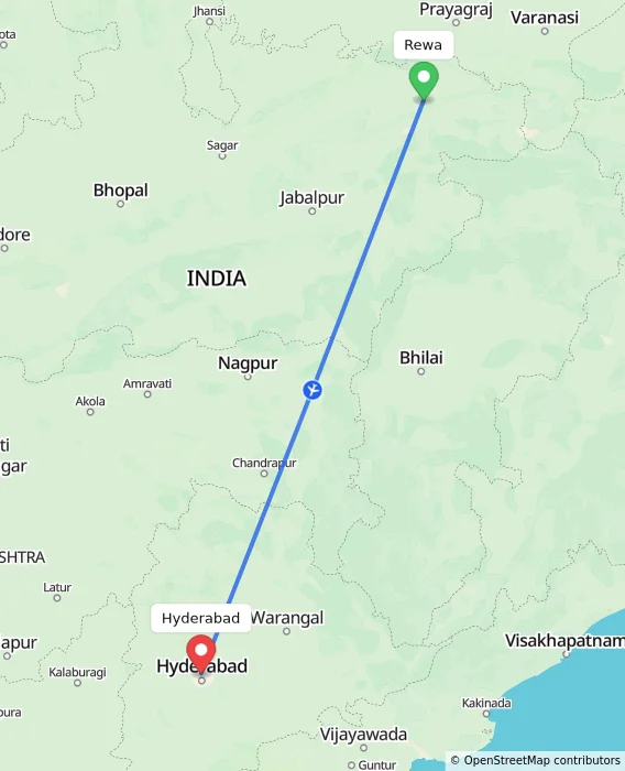 Route map showing distance and travel time from Rewa, India to Hyderabad, India