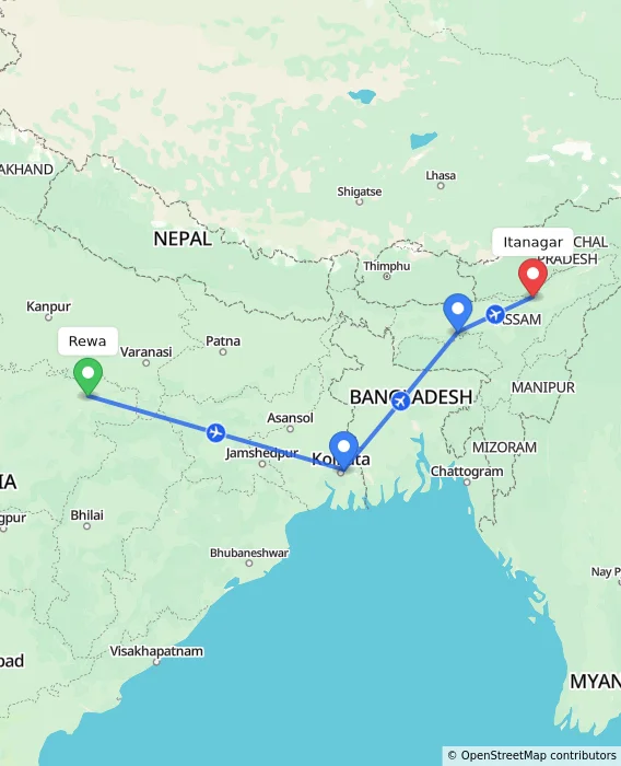 Route map showing distance and travel time from Rewa, India to Itanagar, India