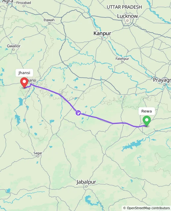 Route map showing distance and travel time from Rewa, India to Jhansi, India
