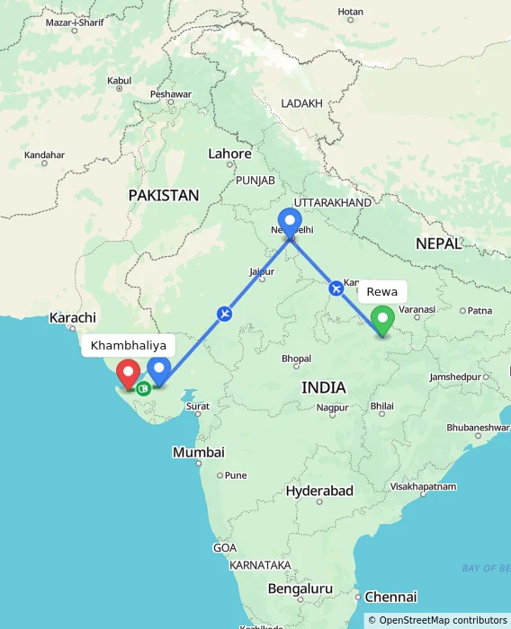 Route map showing distance and travel time from Rewa, India to Khambhaliya, India