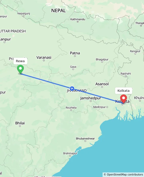 Route map showing distance and travel time from Rewa, India to Kolkata, India