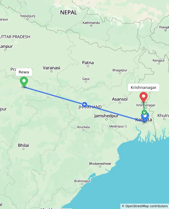 Route map showing distance and travel time from Rewa, India to Krishnanagar, India
