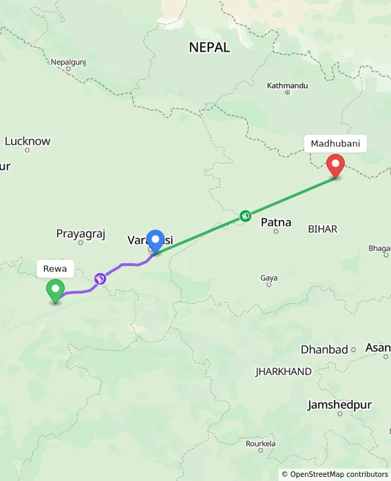 Route map showing distance and travel time from Rewa, India to Madhubani, India