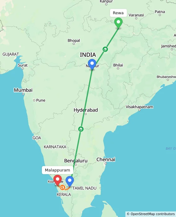 Route map showing distance and travel time from Rewa, India to Malappuram, India