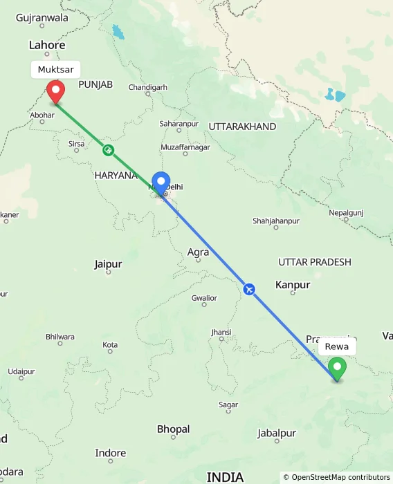 Route map showing distance and travel time from Rewa, India to Muktsar, India
