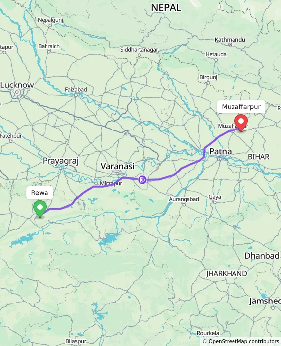 Route map showing distance and travel time from Rewa, India to Muzaffarpur, India
