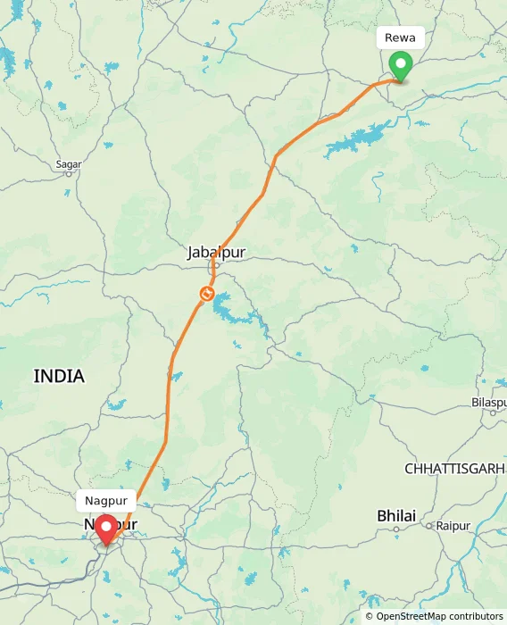 Route map showing distance and travel time from Rewa, India to Nagpur, India