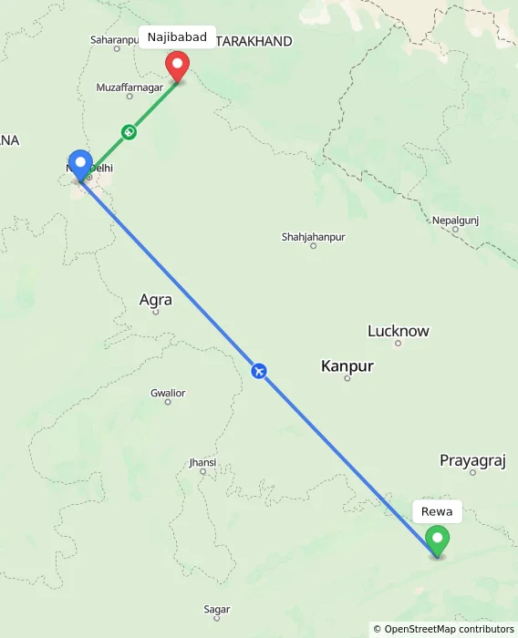 Route map showing distance and travel time from Rewa, India to Najibabad, India