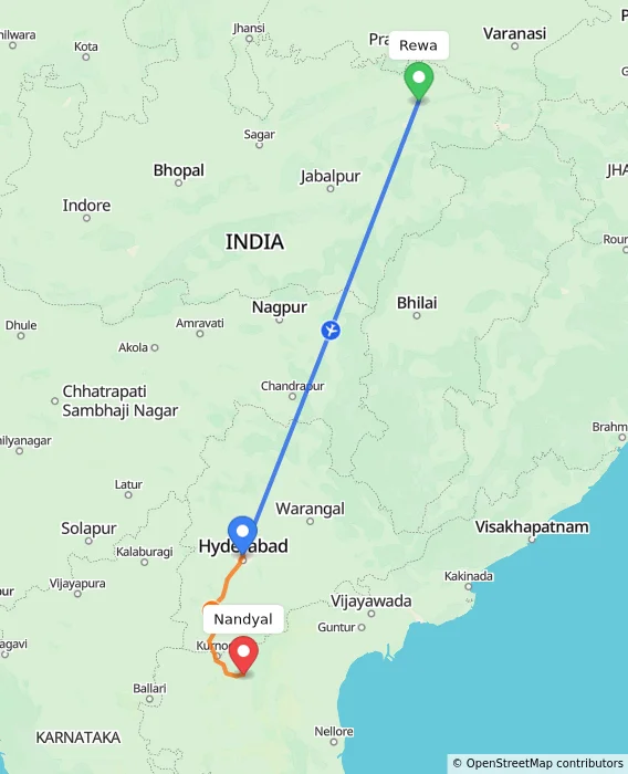 Route map showing distance and travel time from Rewa, India to Nandyal, India