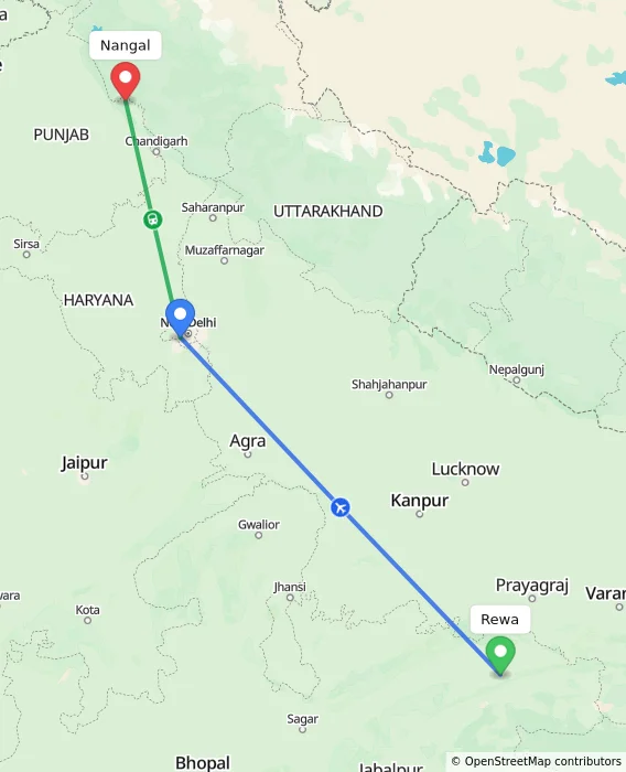 Route map showing distance and travel time from Rewa, India to Nangal, India
