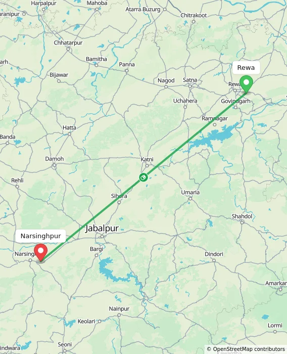Route map showing distance and travel time from Rewa, India to Narsinghpur, India