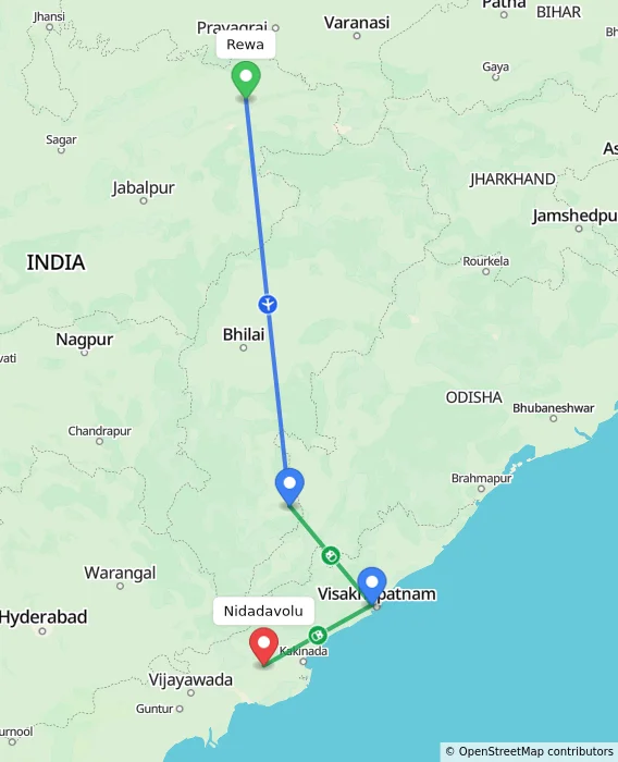 Route map showing distance and travel time from Rewa, India to Nidadavolu, India