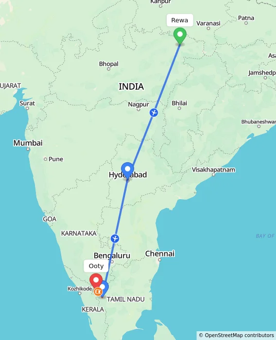 Route map showing distance and travel time from Rewa, India to Ooty, India
