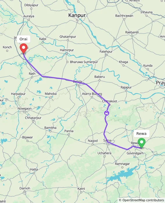 Route map showing distance and travel time from Rewa, India to Orai, India