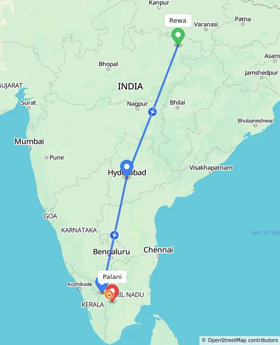 Route map showing distance and travel time from Rewa, India to Palani, India