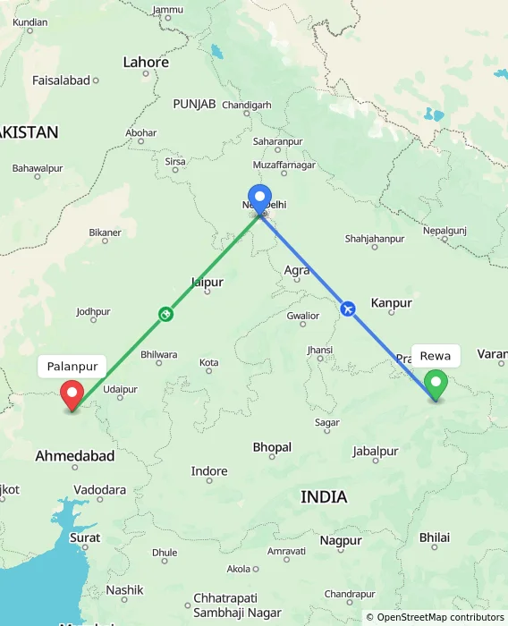 Route map showing distance and travel time from Rewa, India to Palanpur, India