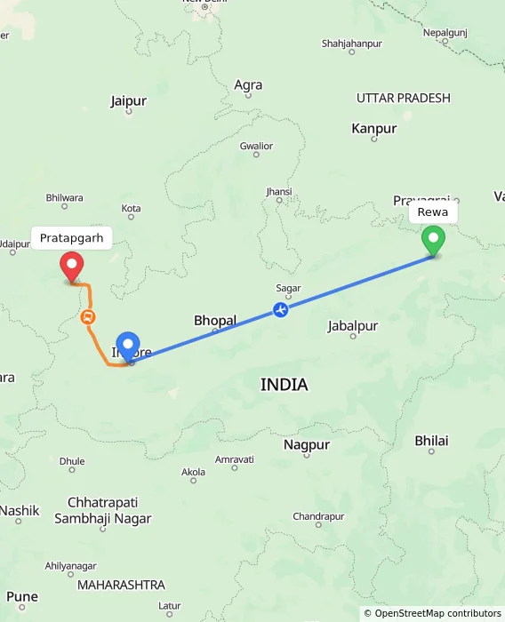 Route map showing distance and travel time from Rewa, India to Pratapgarh, India