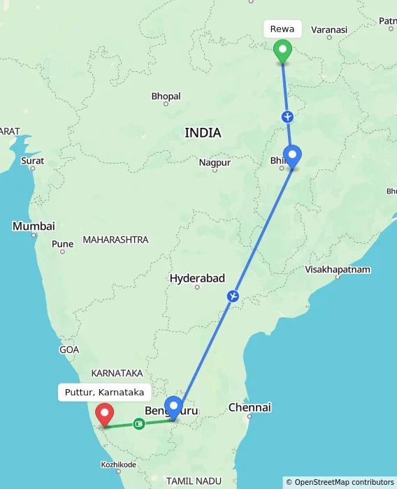 Route map showing distance and travel time from Rewa, India to Puttur, Karnataka, India