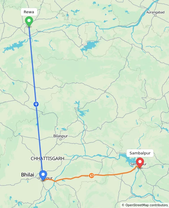 Route map showing distance and travel time from Rewa, India to Sambalpur, India