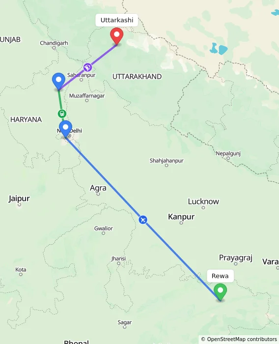 Route map showing distance and travel time from Rewa, India to Uttarkashi, India