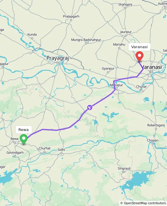Route map showing distance and travel time from Rewa, India to Varanasi, India