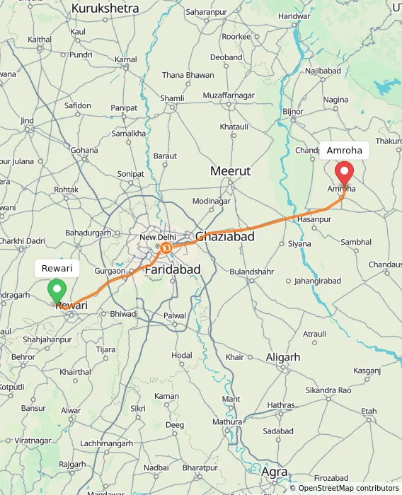 Route map showing distance and travel time from Rewari, India to Amroha, India