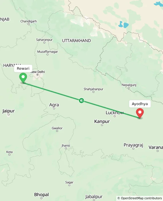 Route map showing distance and travel time from Rewari, India to Ayodhya, India