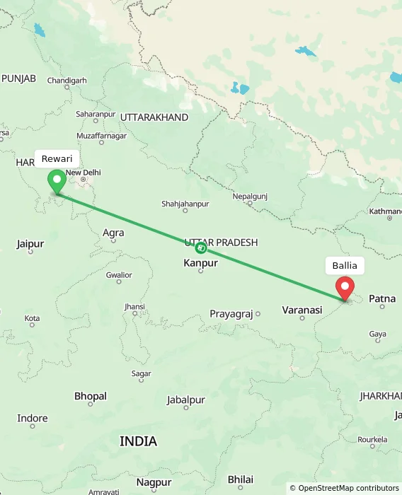 Route map showing distance and travel time from Rewari, India to Ballia, India