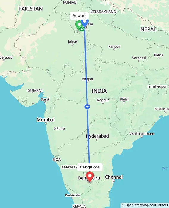 Route map showing distance and travel time from Rewari, India to Bangalore, India