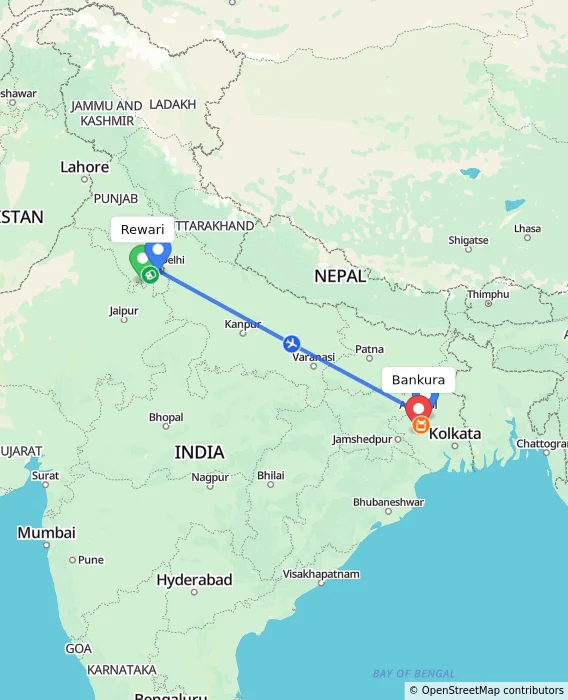 Route map showing distance and travel time from Rewari, India to Bankura, India