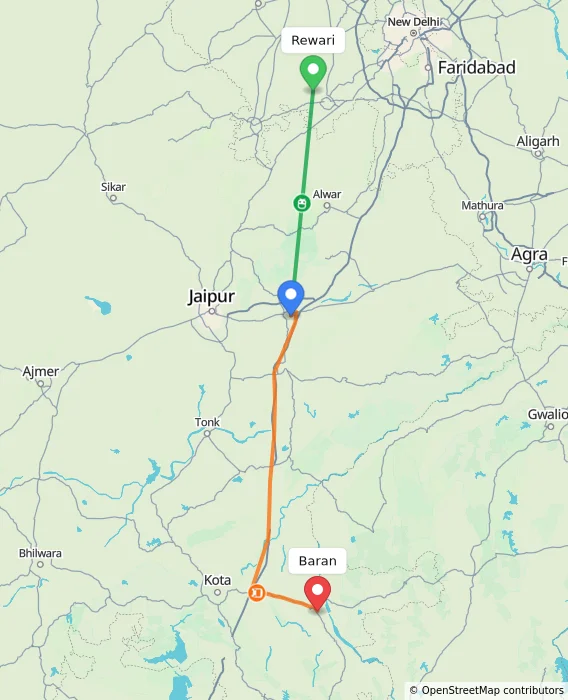 Route map showing distance and travel time from Rewari, India to Baran, India