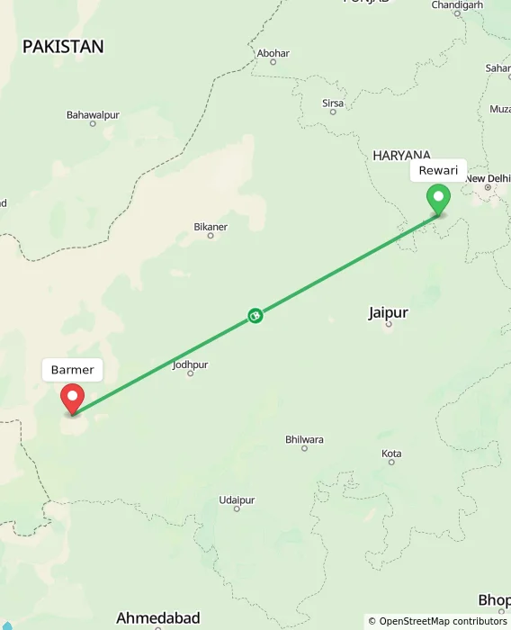 Route map showing distance and travel time from Rewari, India to Barmer, India