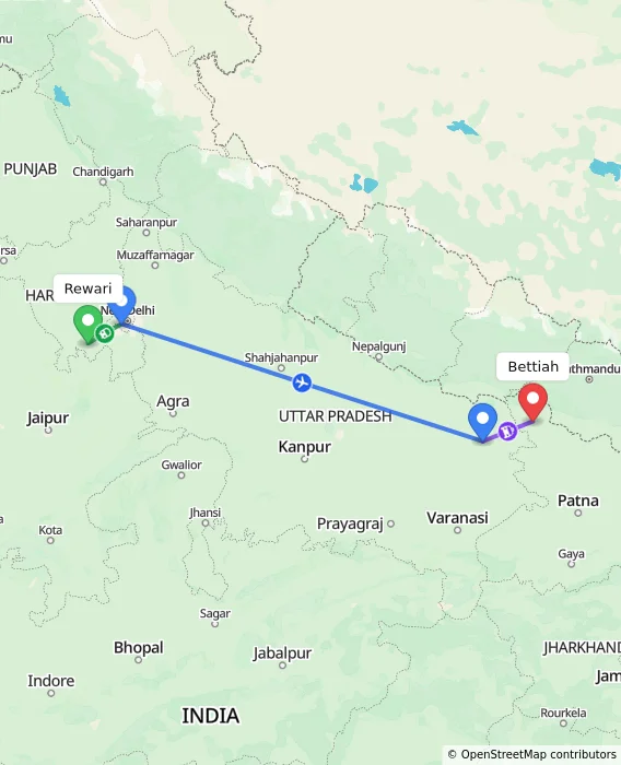 Route map showing distance and travel time from Rewari, India to Bettiah, India