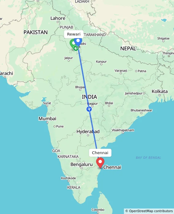 Route map showing distance and travel time from Rewari, India to Chennai, India