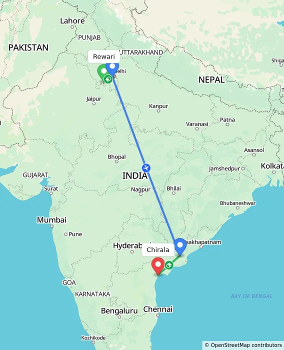 Route map showing distance and travel time from Rewari, India to Chirala, India