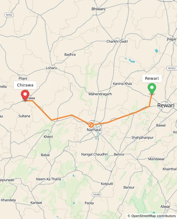Route map showing distance and travel time from Rewari, India to Chirawa, India